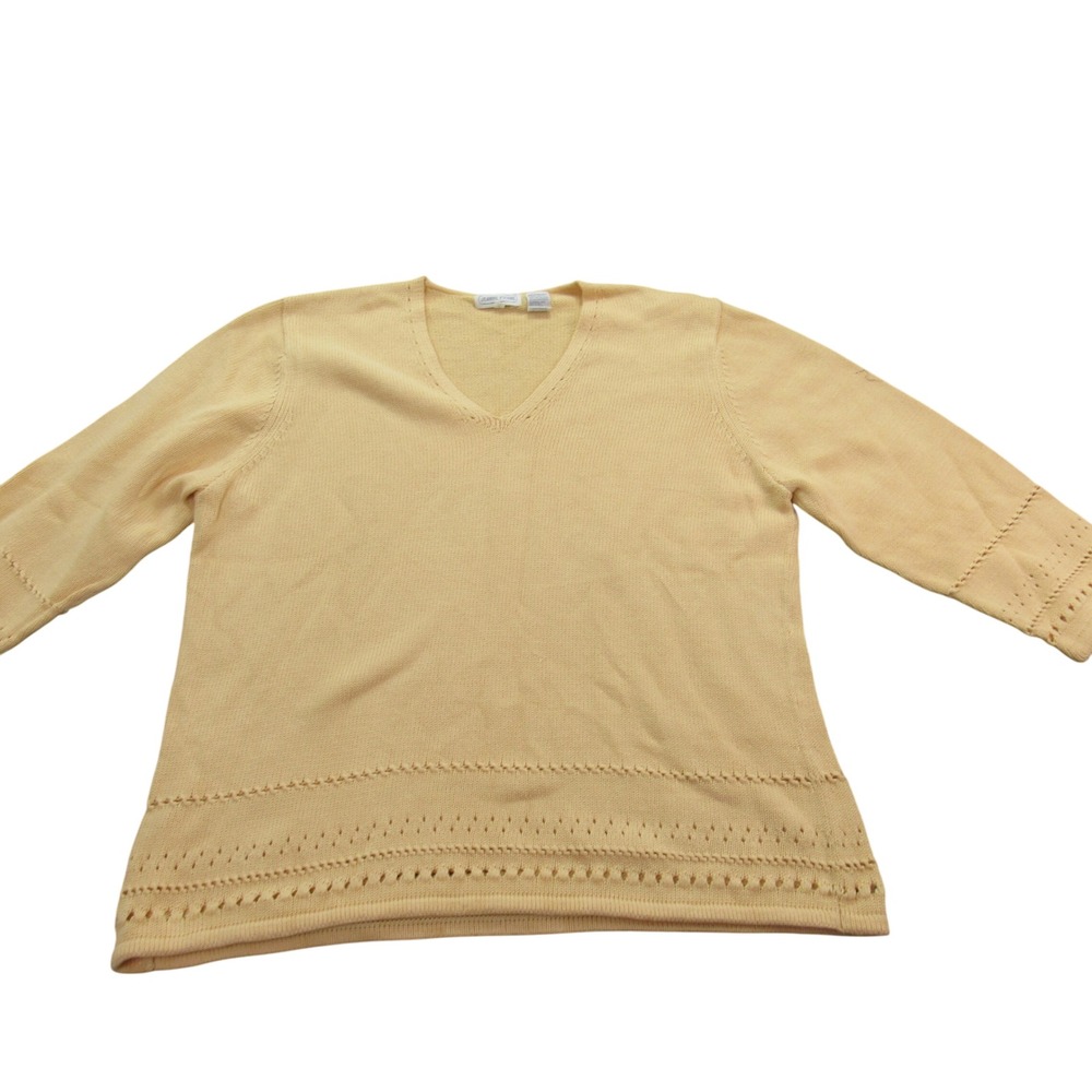 Jeanne Pierre Womens V Neck‎ 3/4 Sleeve  Knit Sweater Yellow Cotton Blend XL